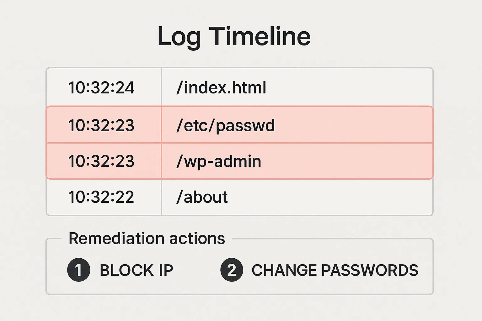 Log timeline with highlighted suspicious requests and remediation labels