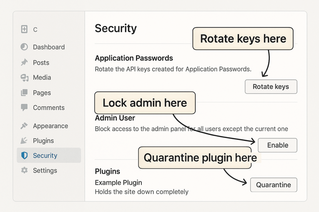 Mock WordPress admin security panel with callouts for key hardening actions