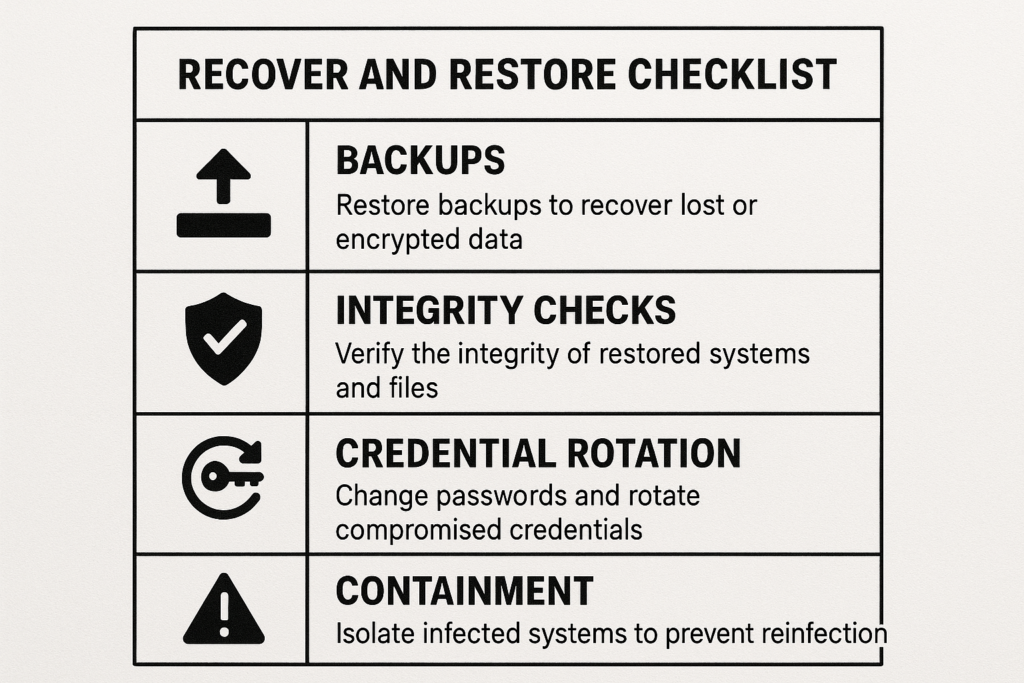 Printable recovery and restore checklist card for WordPress incidents.