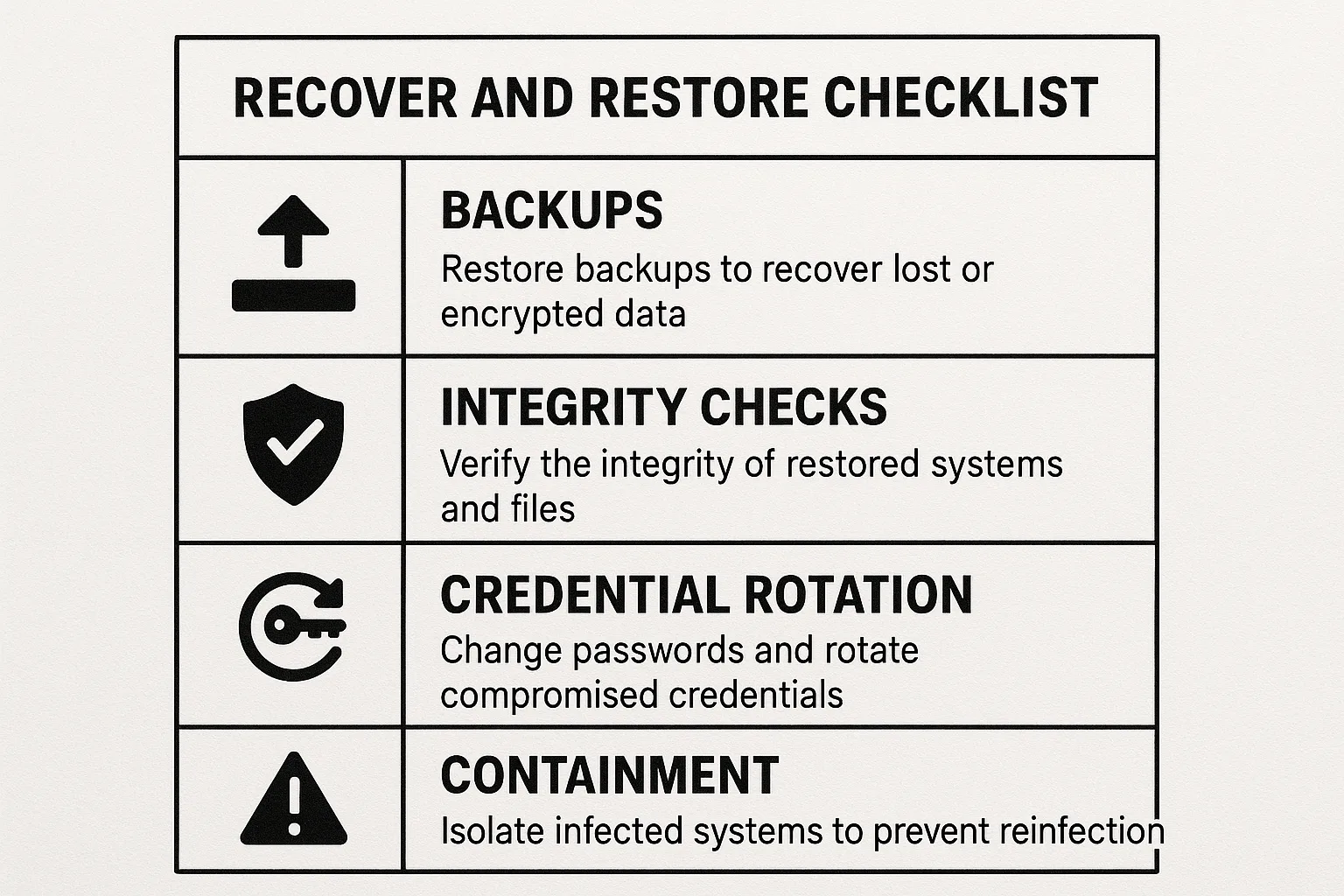 Printable recovery and restore checklist card for WordPress incidents.