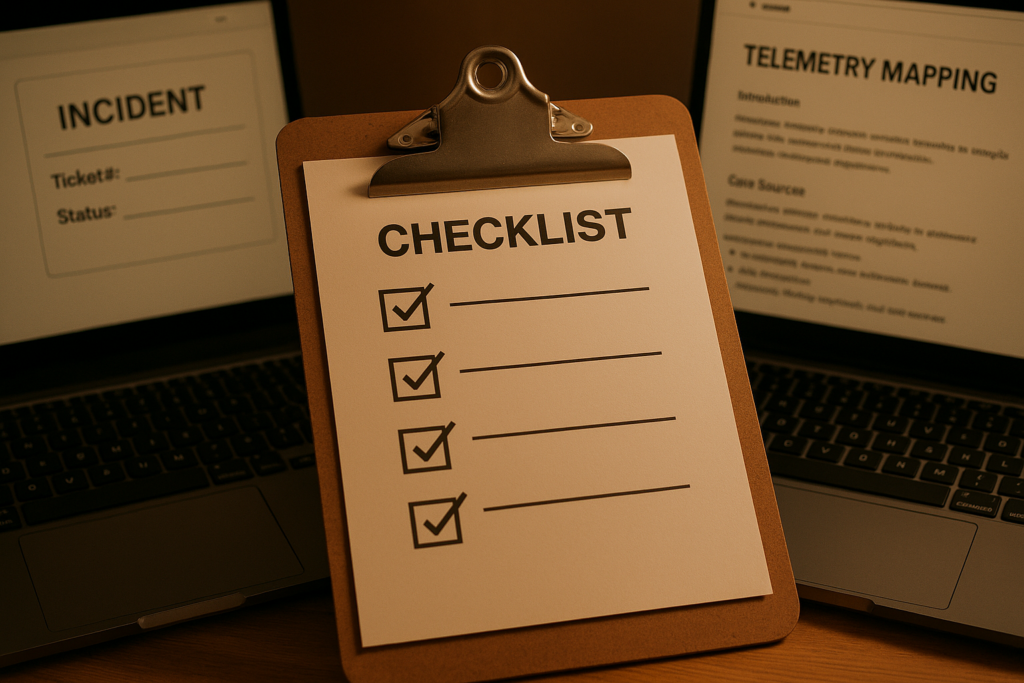 Physical checklist beside a laptop showing incident ticket and telemetry documentation