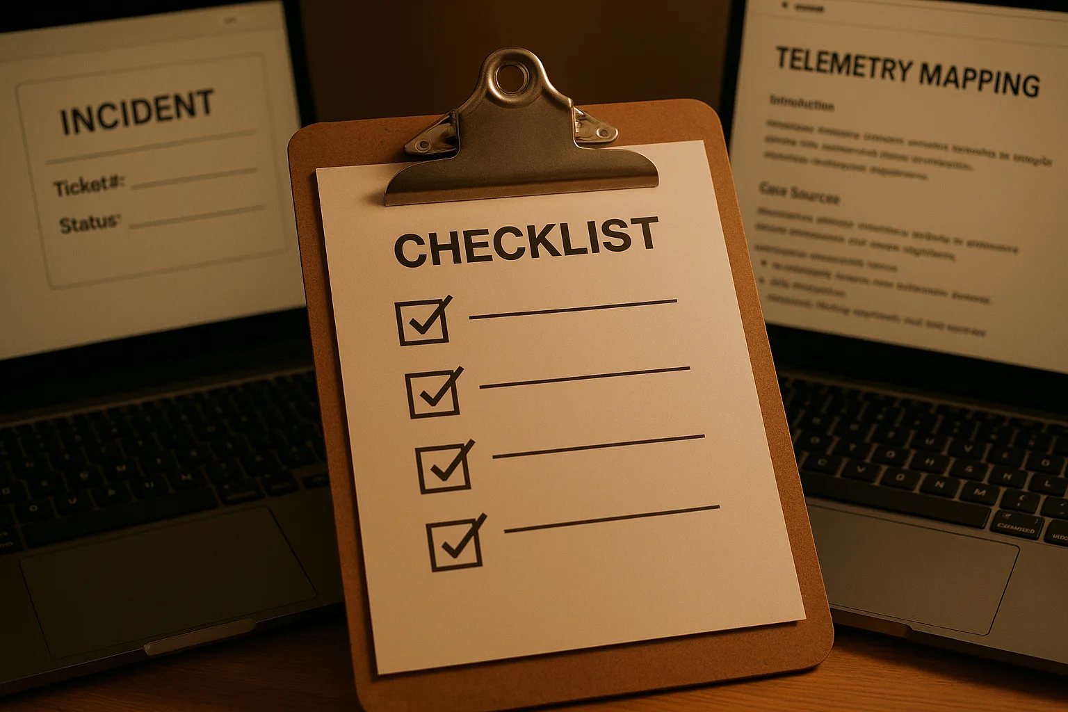 Physical checklist beside a laptop showing incident ticket and telemetry documentation