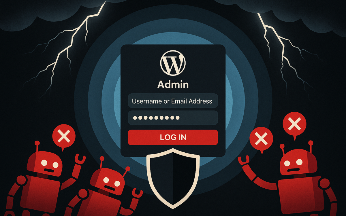 Illustration of automated attack bots blocked from a hardened WordPress admin panel