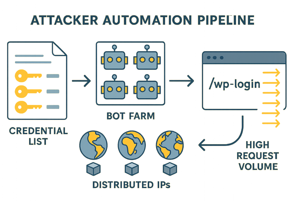 Diagram of credential stuffing automation pipeline targeting wp-login
