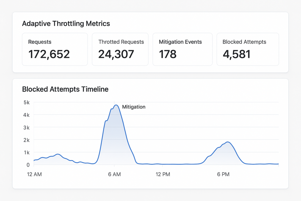 Adaptive throttling dashboard showing blocked login spikes