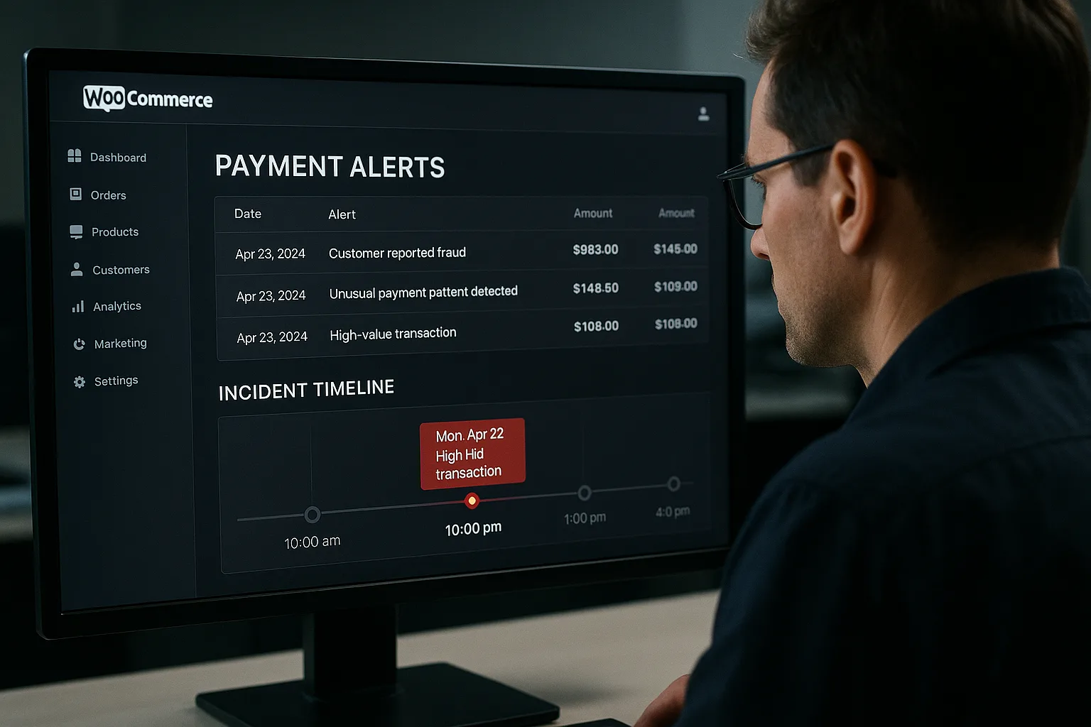 Dashboard showing WooCommerce payment alerts and an incident timeline