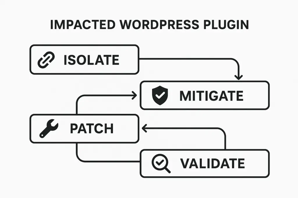 Diagram of isolate, mitigate, patch, validate workflow for plugin incidents