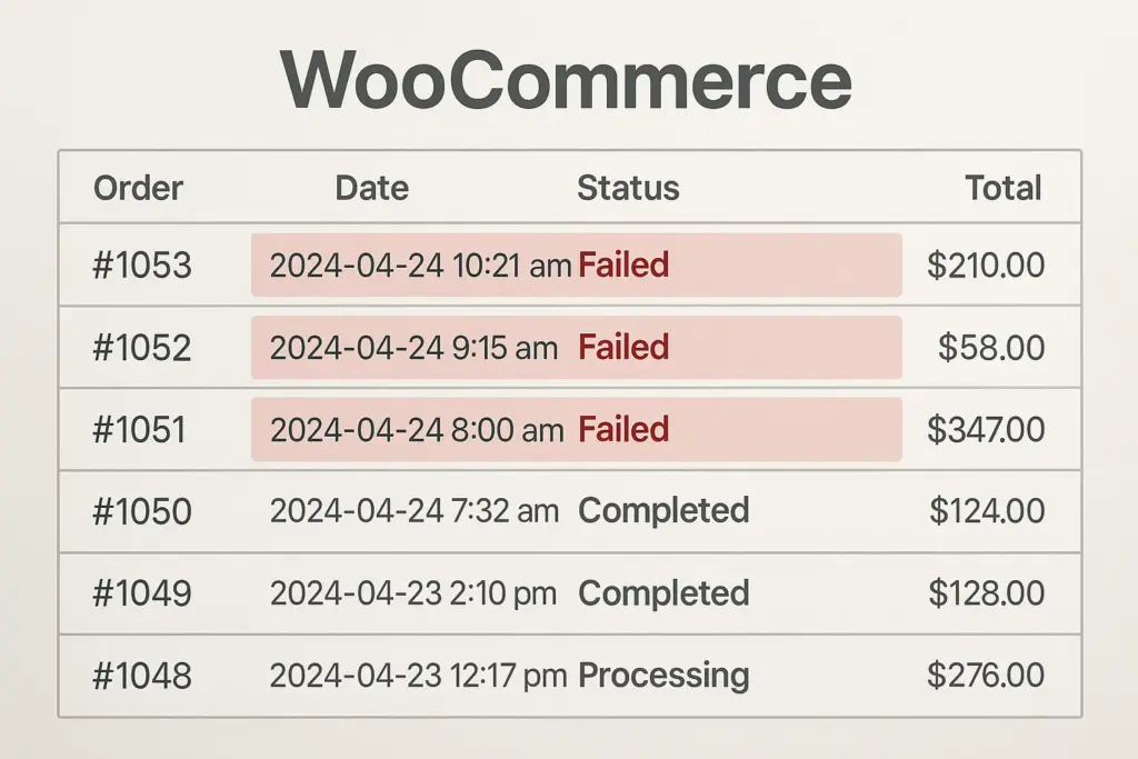 WooCommerce order log with suspicious failed payments highlighted