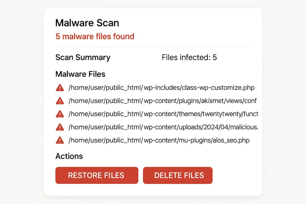 Mockup of a malware scan report showing flagged files