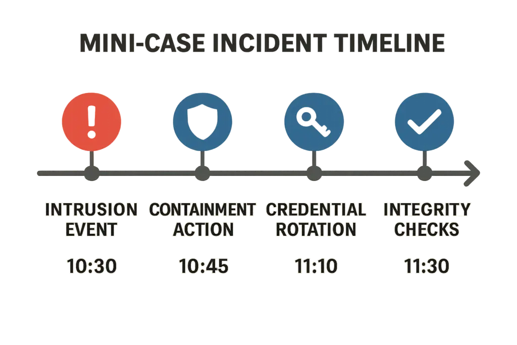 Incident timeline with containment and recovery steps