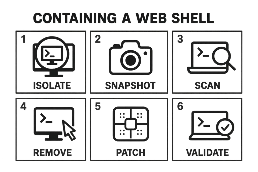 Checklist graphic illustrating steps to contain a web shell